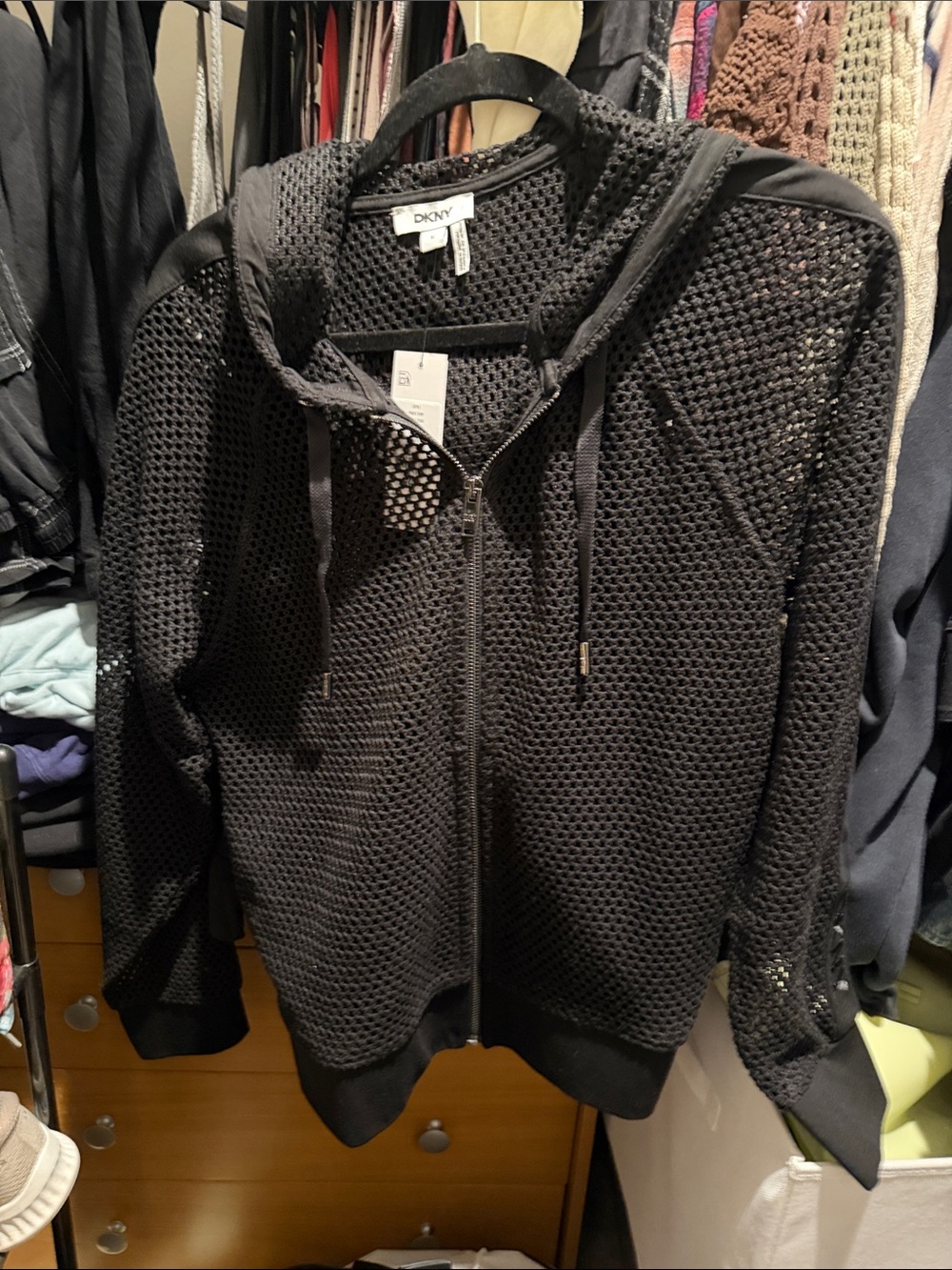DKNY Black Mesh Zip Front Hoodie Jacket